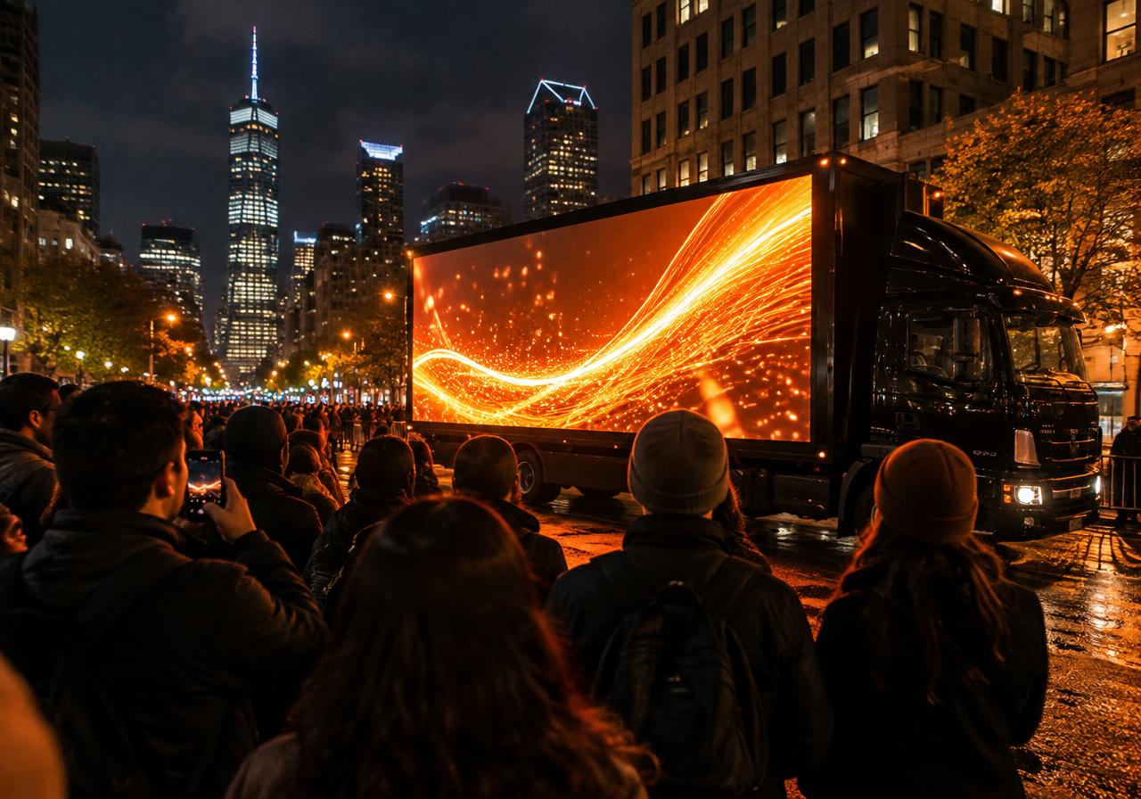 Crowd watching an LED billboard truck at a night event